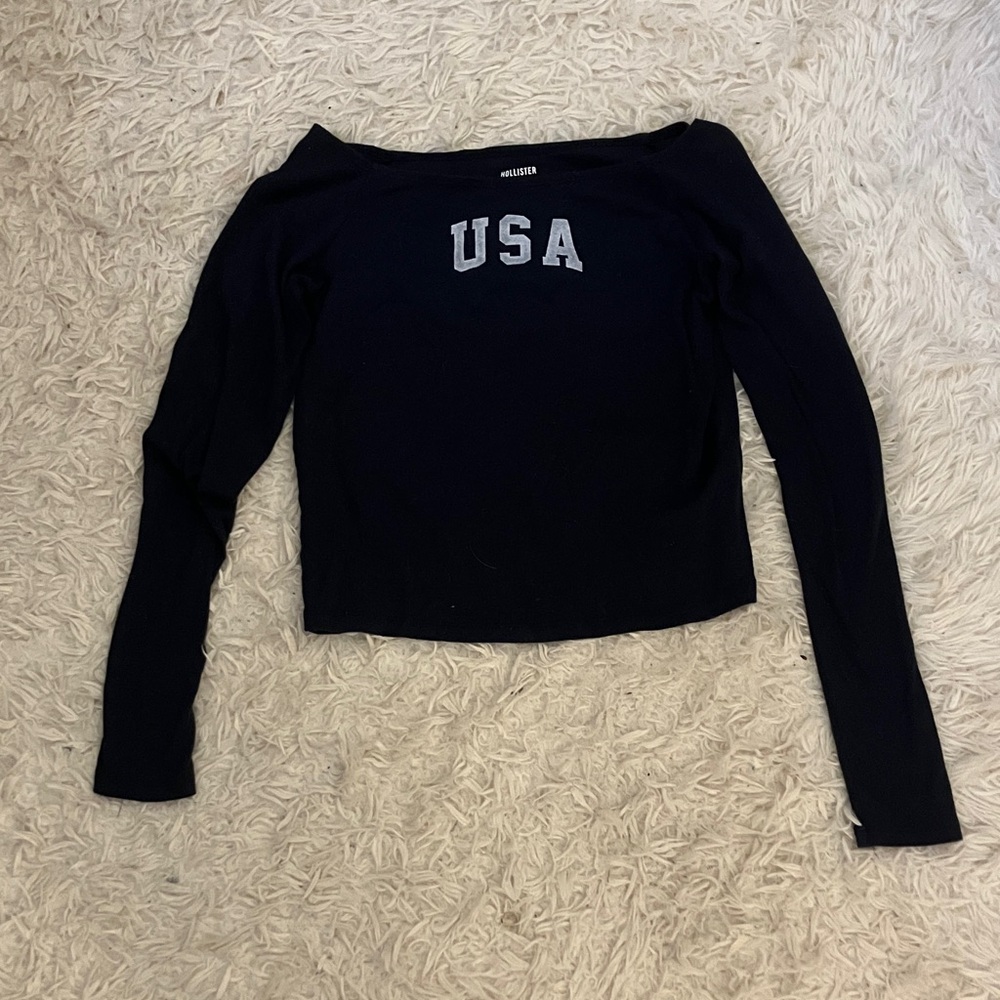 Hollister Long Sleeve Navy off the shoulder cropped USA top
